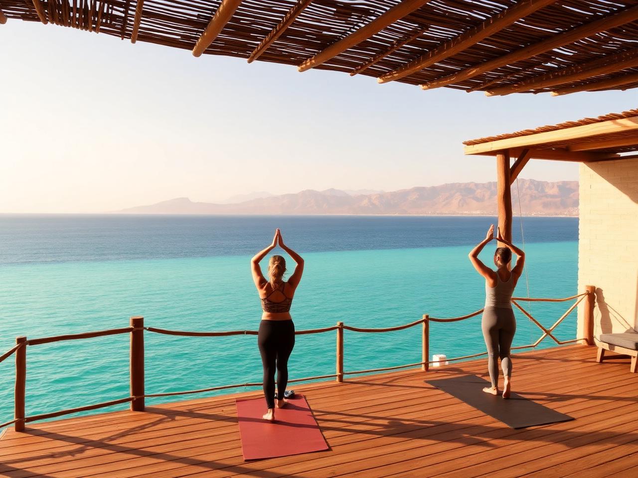Morning wellness session on a wooden deck overlooking the Red Sea